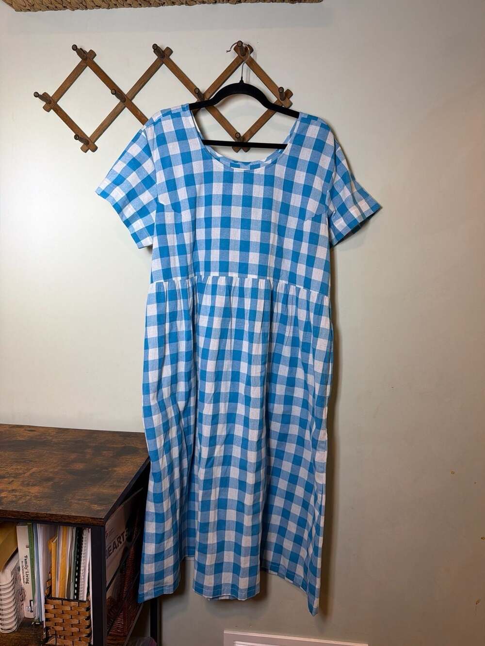 Hridhan Exports Blue and White Gingham Checkered Midi Dress with Pockets